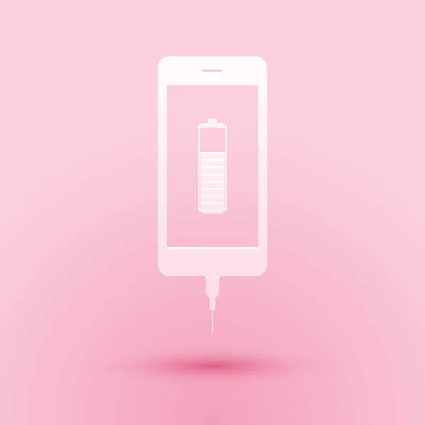 Řez Papíru Smartphone Baterie Ikona Izolované Růžovém Pozadí Telefon Nízkým — Stockový vektor