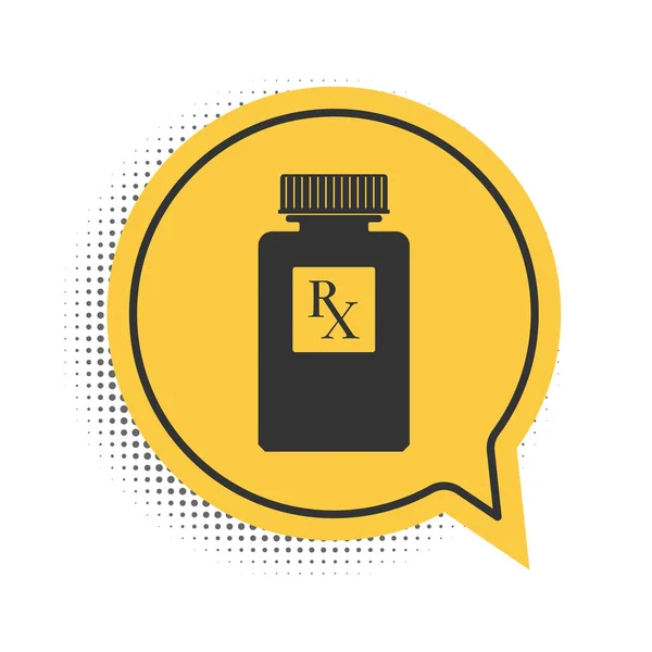 黑药瓶与Rx标志和药丸图标隔离在白色背景 药房设计 Rx作为药瓶的处方药符号 黄色的语音泡沫符号 — 图库矢量图片