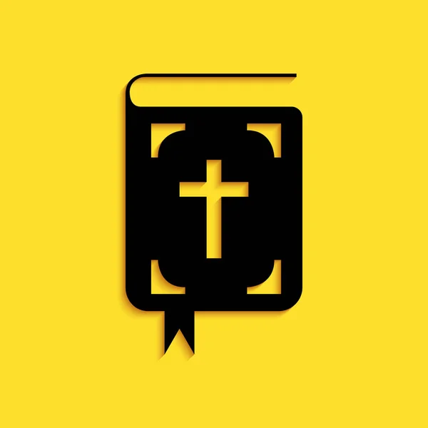 Czarna Ikona Książki Biblijnej Odizolowana Żółtym Tle Znak Biblijny Długi — Wektor stockowy