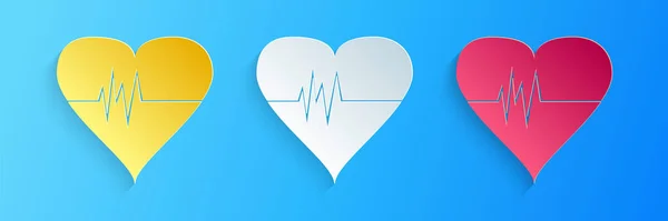 Paper Cut Heart Rate Icon Isolated Blue Background Heartbeat Sign — Stock Vector