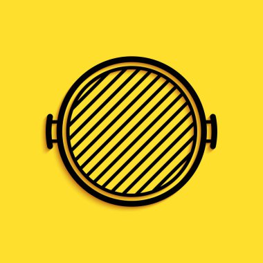 Sarı arka planda siyah ızgara ikonu izole edildi. Barbekü ızgarasının üst görüntüsü. Uzun gölge tarzı. Vektör.
