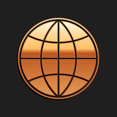 Siyah arkaplanda izole edilmiş altın toprak küre ikonu. Dünya ya da Dünya işareti. Küresel internet sembolü. Geometrik şekiller. Uzun gölge tarzı. Vektör.