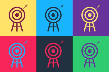 Renk arkaplanında ok simgesi olan Pop Art Target. Dart tahtası işareti. Okçuluk tahtası simgesi. Dartboard işareti. İş hedefi kavramı. Vektör.