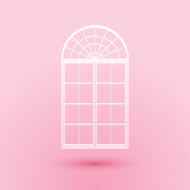 Kağıt kesiği, pembe arkaplanda izole edilmiş pencere simgesi. Kağıt sanatı tarzı. Vektör.
