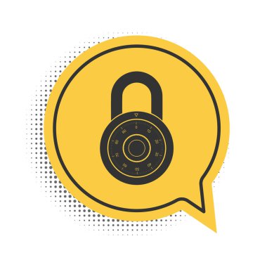 Siyah kasa kombinasyonu kilit tekeri simgesi beyaz arkaplanda izole edildi. Kombinasyon asma kilit. Koruma konsepti. Şifre işareti. Sarı konuşma balonu sembolü. Vektör.