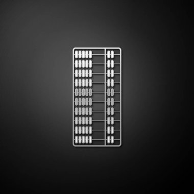 Gümüş Abaküs simgesi siyah arkaplanda izole edildi. Geleneksel sayım çerçevesi. Eğitim işareti. Matematik okulu. Uzun gölge tarzı. Vektör.
