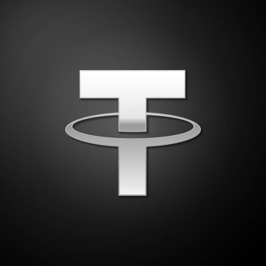 Gümüş Kripto Para Birimi USDT simgesi siyah arka planda izole edildi. Madeni para. Dijital para birimi. Engelleme zinciri tabanlı şifreli para birimi. Uzun gölge tarzı. Vektör.