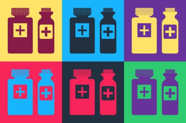 Pop Art Medicine şişe ikonu renk arkaplanında izole edilmiş. Şişe hapı işareti. Eczane tasarımı. Vektör.