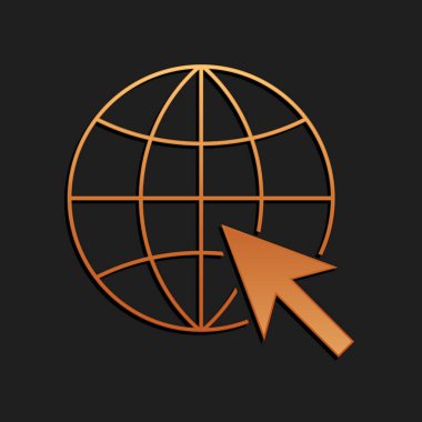 Siyah arkaplanda izole edilmiş Gold Go Web simgesi. Küre ve imleç. Resimli web sitesi. Dünya çapındaki web sembolü. Uzun gölge tarzı. Vektör.