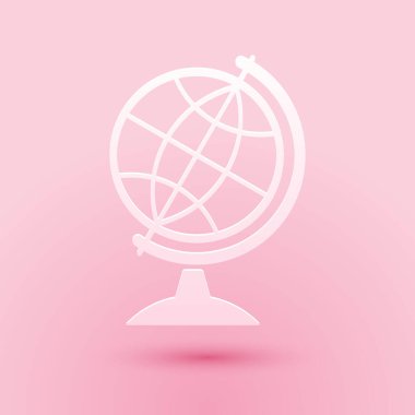 Kağıt kesiği dünya ikonu pembe arka planda izole edilmiş. Kağıt sanatı tarzı. Vektör.