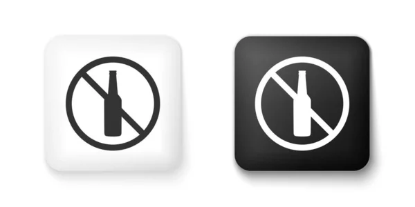 黑色和白色没有酒精图标隔离在白色背景上 禁止酒精饮料 禁止的符号与啤酒瓶玻璃 正方形按钮 — 图库矢量图片