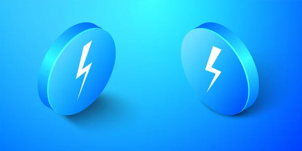 青の背景にアイソメトリックライトニングボルトアイコンを分離 フラッシュ アイコン 充電フラッシュアイコン サンダーボルト 青い丸ボタン ベクトル — ストックベクタ