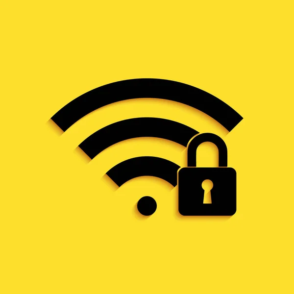 Preto Wifi Bloqueado Ícone Isolado Fundo Amarelo Senha Símbolo Ícone — Vetor de Stock