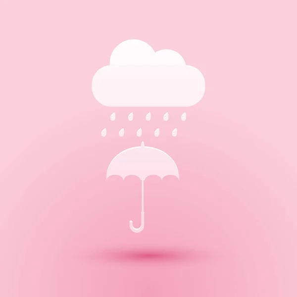 Paper Cut Cloud Rain Drop Umbrella Icon Isolated Pink Background — Stock Vector