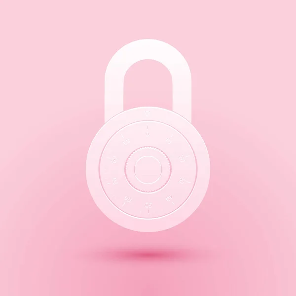 Paper Cut Safe Combination Lock Wheel Icon Isolated Pink Background — Stock Vector