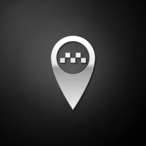 Silver Map Wijzer Met Taxi Pictogram Geïsoleerd Zwarte Achtergrond Lange — Stockvector