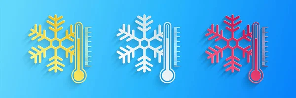 Papier Gesneden Thermometer Met Sneeuwvlokje Pictogram Geïsoleerd Blauwe Achtergrond Papierkunst — Stockvector