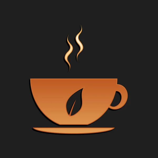 金杯茶和叶子的图标孤立在黑色的背景 长影子风格 — 图库矢量图片