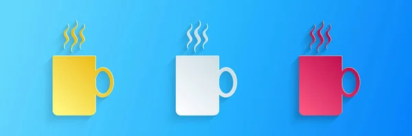 Papiergeschnittene Kaffeetasse Flaches Symbol Isoliert Auf Blauem Hintergrund Teetasse Vorhanden — Stockvektor