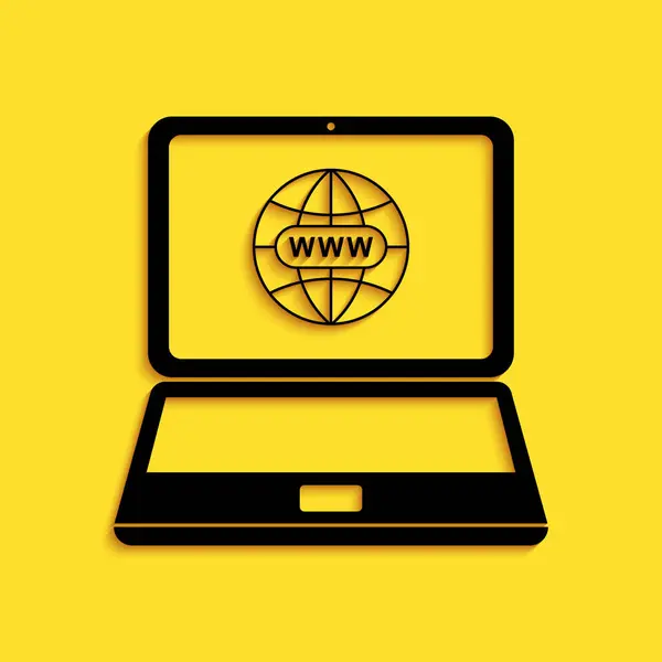 Zwarte Website Laptop Scherm Pictogram Geïsoleerd Gele Achtergrond Globe Het — Stockvector