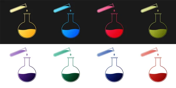 设置在黑白背景上隔离的试管和烧瓶化学实验室测试图标 实验室玻璃器皿标志 — 图库矢量图片