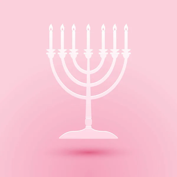 Papel Corte Hanukkah Menorah Icono Aislado Sobre Fondo Rosa Icono — Vector de stock