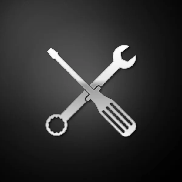 Silberner Schlüssel Und Schraubenzieher Werkzeuge Symbol Isoliert Auf Schwarzem Hintergrund — Stockvektor