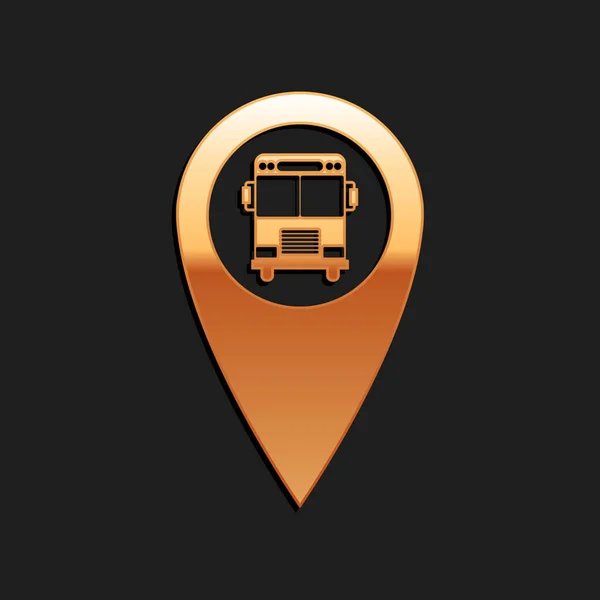 Siyah Arkaplanda Otobüs Simgesi Olan Altın Harita Işaretçisi Uzun Gölge — Stok Vektör