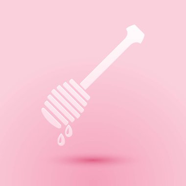 Kağıt kesiği Bal Dipper çubuğu ve pembe arka planda izole edilmiş bal ikonu. Tatlı kepçe. Kağıt sanatı tarzı. Vektör.