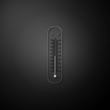 Gümüş Celsius ve fahrenheit meteoroloji termometreleri siyah arkaplanda izole edilmiş ikonu ölçüyor. Termometre termometresi sıcak ya da soğuk hava gösteriyor. Uzun gölge tarzı. Vektör.