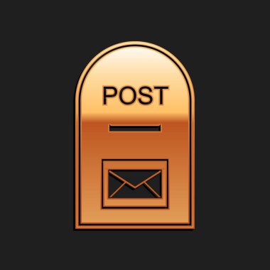 Altın posta kutusu simgesi. Posta kutusu simgesi siyah arkaplanda izole edildi. Uzun gölge tarzı. Vektör.