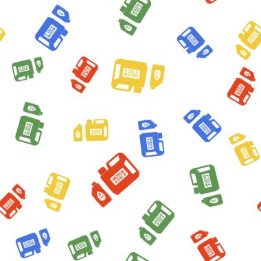 Motor makine yağı ikonu için renkli plastik kutu beyaz arka planda izole edilmiş pürüzsüz desen. Benzin bidonu. Yağ değiştirme ve onarım servisi. Motor yağı işareti. Vektör.