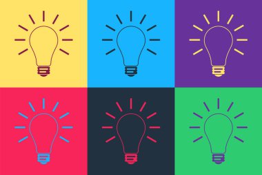Işık yansıtan patlamış sanat ampulü renk arkaplanında izole edilmiş bir ikon parlıyor. Enerji ve fikir sembolü. Lamba elektrikli. Vektör.