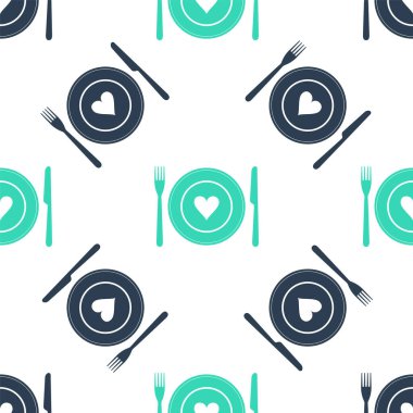 Yeşil Kalp plaka, çatal ve bıçak ikonu beyaz arka planda izole edilmiş kusursuz desen. Sevgililer Günün kutlu olsun. Vektör.