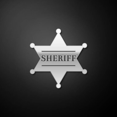 Gümüş Altıgen Şerif Yıldız ikonu siyah arka planda izole edildi. Şerif rozeti sembolü. Uzun gölge tarzı. Vektör.