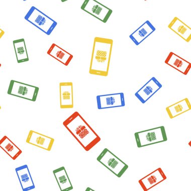Ekran simgesinde hediye kutusu ve kalp sembolü olan renkli akıllı telefon beyaz arkaplanda pürüzsüz desen izole etti. Sevgililer Günü sembolü. Online mağaza, e-alışveriş. Vektör.