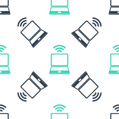 Yeşil dizüstü bilgisayar ve ücretsiz kablosuz kablosuz bağlantı simgesi beyaz arkaplanda izole edilmiş. Kablosuz teknoloji, kablosuz bağlantı, kablosuz ağ. Vektör.