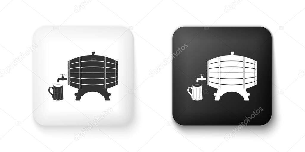 Black and white Wooden barrel on rack with stopcock and wooden beer mug icon isolated on white background. Square button. Vector.