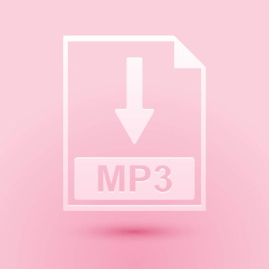 Kağıt kesiği MP3 dosya belgesi simgesi. Pembe arkaplanda izole edilmiş MP3 düğmesi simgesi indir. Kağıt sanatı tarzı. Vektör.