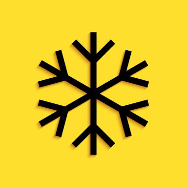 Sarı arkaplanda siyah kar tanesi simgesi izole edildi. Uzun gölge tarzı. Vektör.