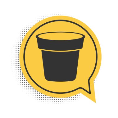 Black Flower pot icon isolated on white background. Yellow speech bubble symbol. Vector.