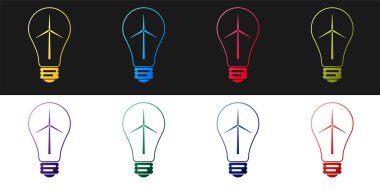 Set Light bulb with wind turbine as idea of eco friendly source of energy icon isolated on black and white background. Alternative energy concept.  Vector.