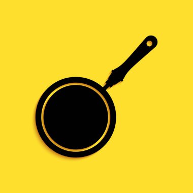 Black Frying pan icon isolated on yellow background. Long shadow style. Vector.