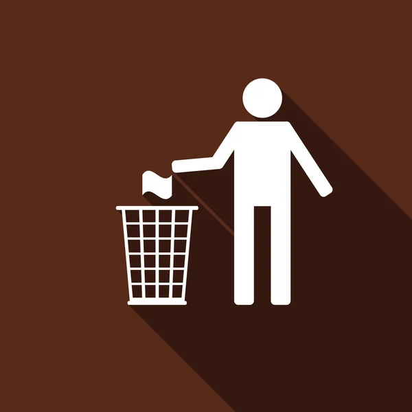 Icono de reciclaje, hombre tirar basura en el icono de la papelera con sha largo — Vector de stock