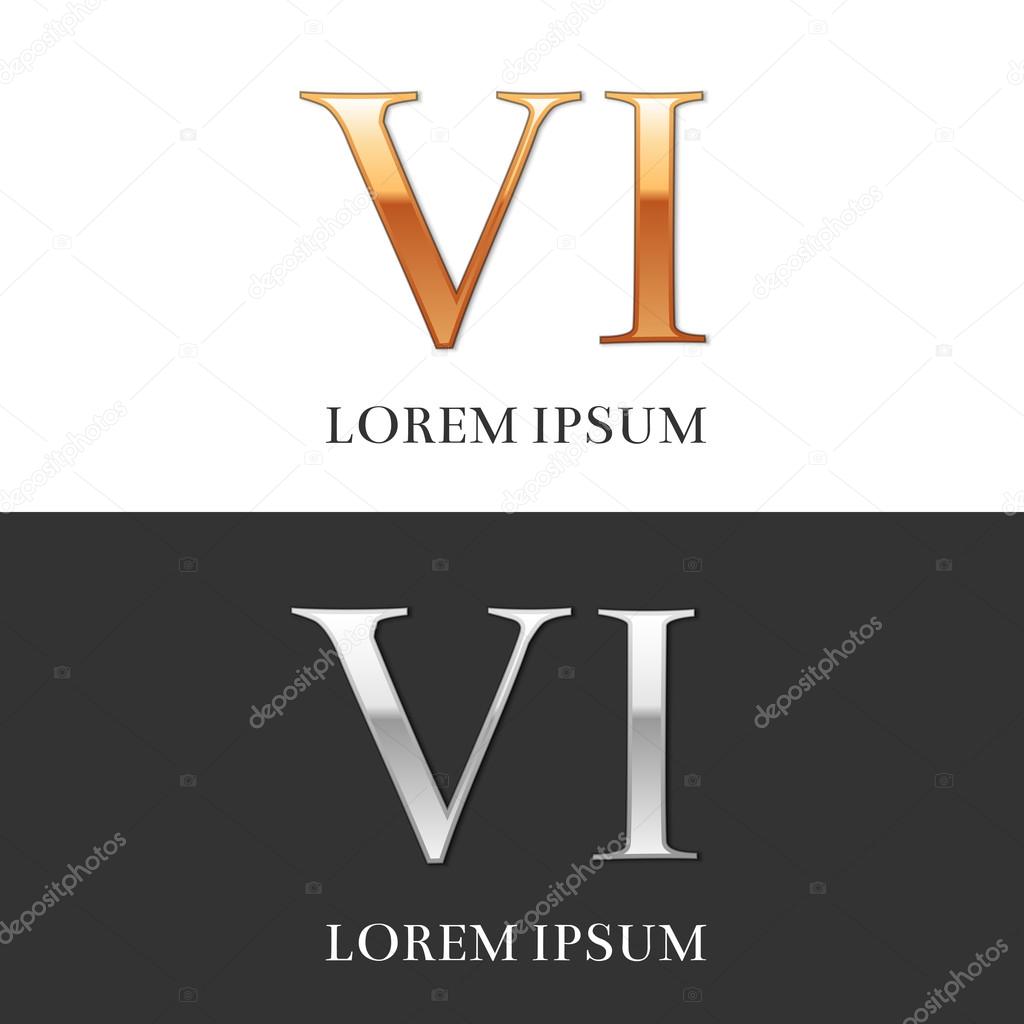 6, VI, Luxury Gold and Silver Roman numerals, sign, logo, symbol, icon, graphic. Vector Illustration.