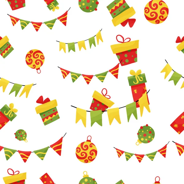 Kerstcadeaudozen naadloos patroon. Ontwerp van textiel en papier. — Stockvector