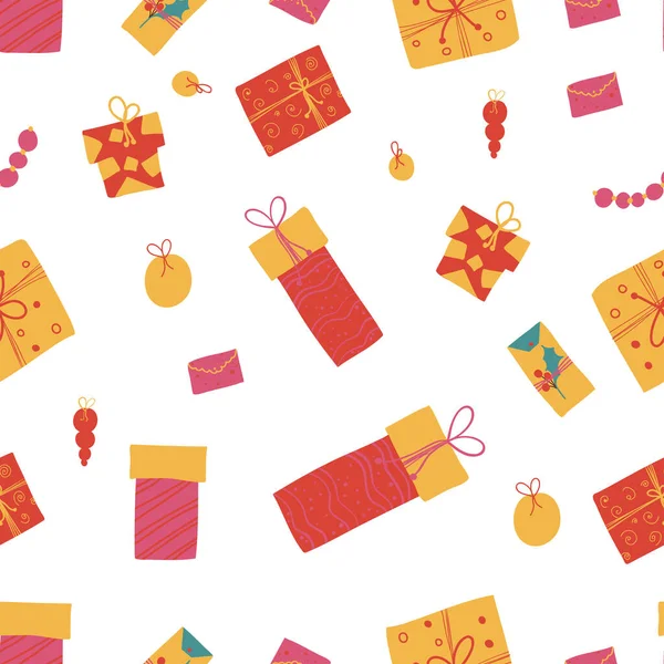 Confezioni regalo di Natale modello senza soluzione di continuità. Disegno tessile e cartaceo. — Vettoriale Stock