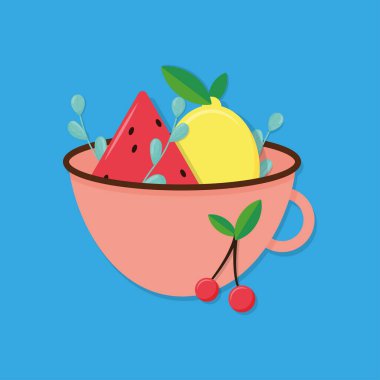 Parlak mavi arkaplanda meyveler.