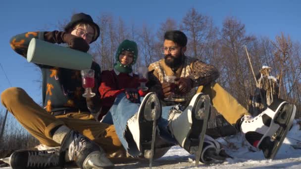 Young friends learn to skate on a frozen lake in winter. Drink hot mulled wine. — Stock Video
