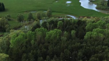 Nehirli güzel bir vadide insansız hava aracının panoramik manzarası